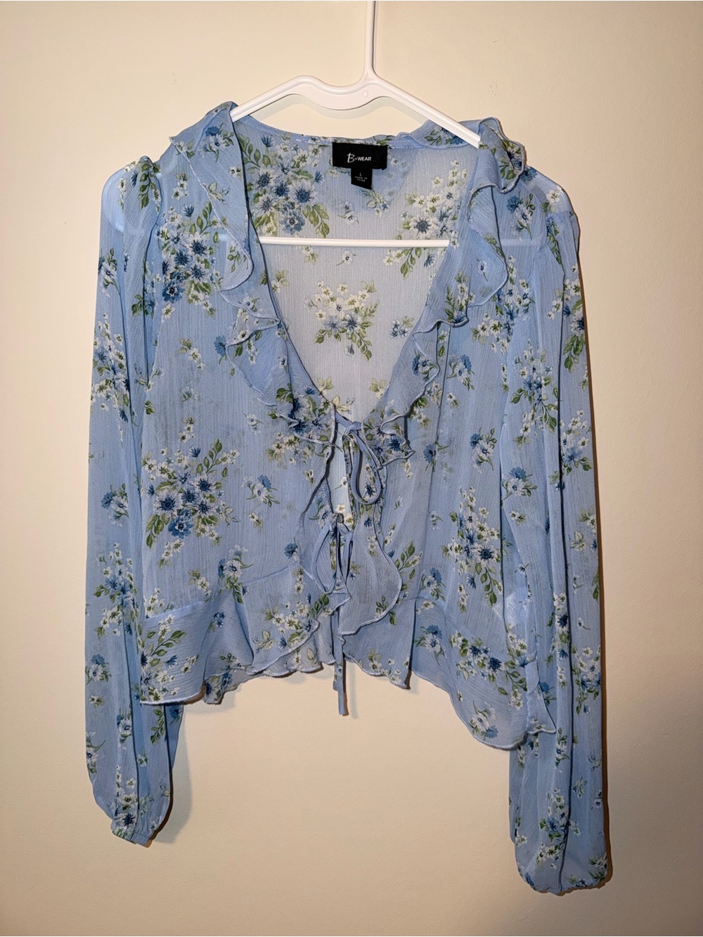 Bwear Sky Blue Floral Ruffle Tie-Front Blouse